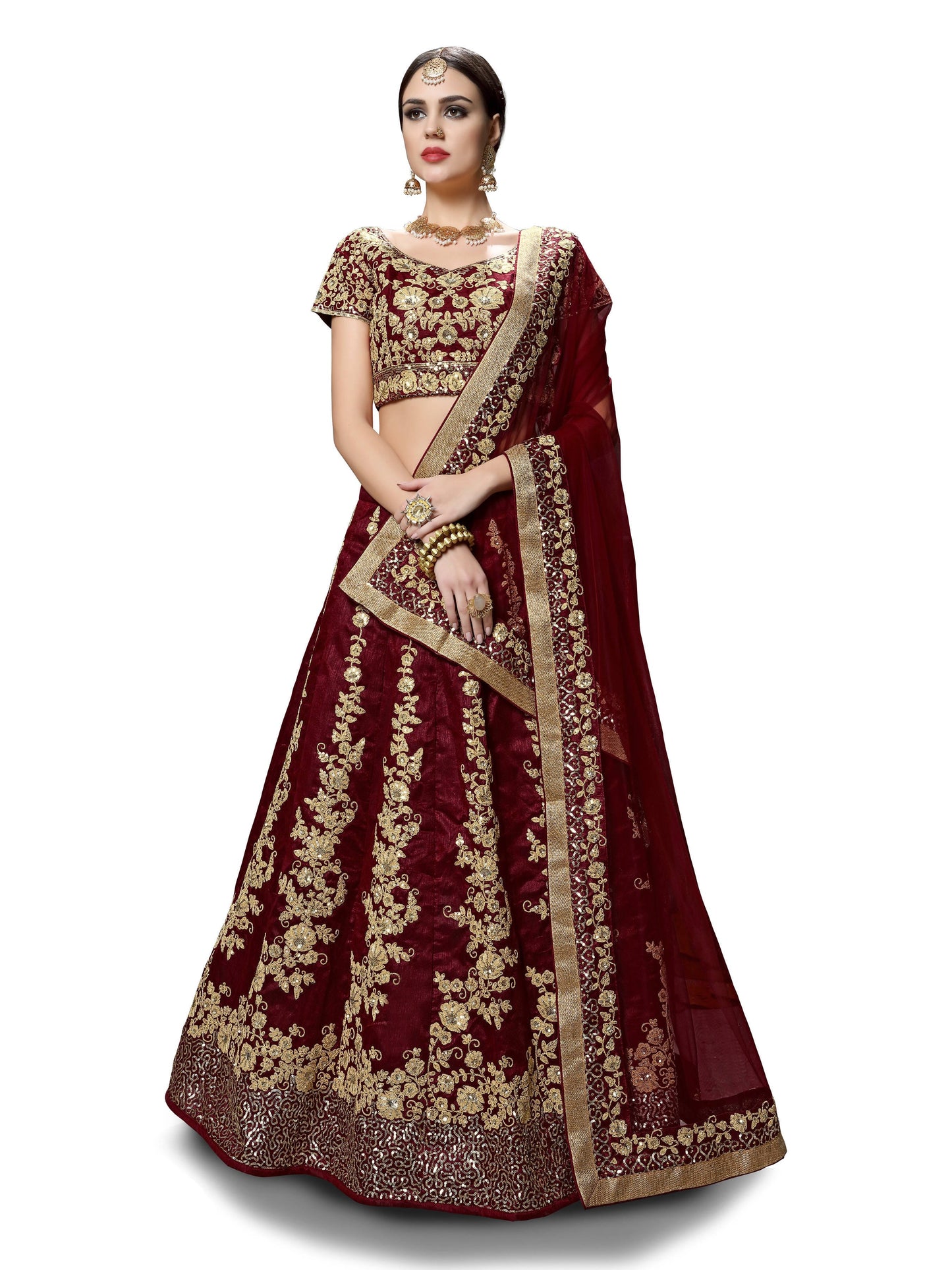 Maroon Raw Silk Embroidered Bridal Lehenga Choli