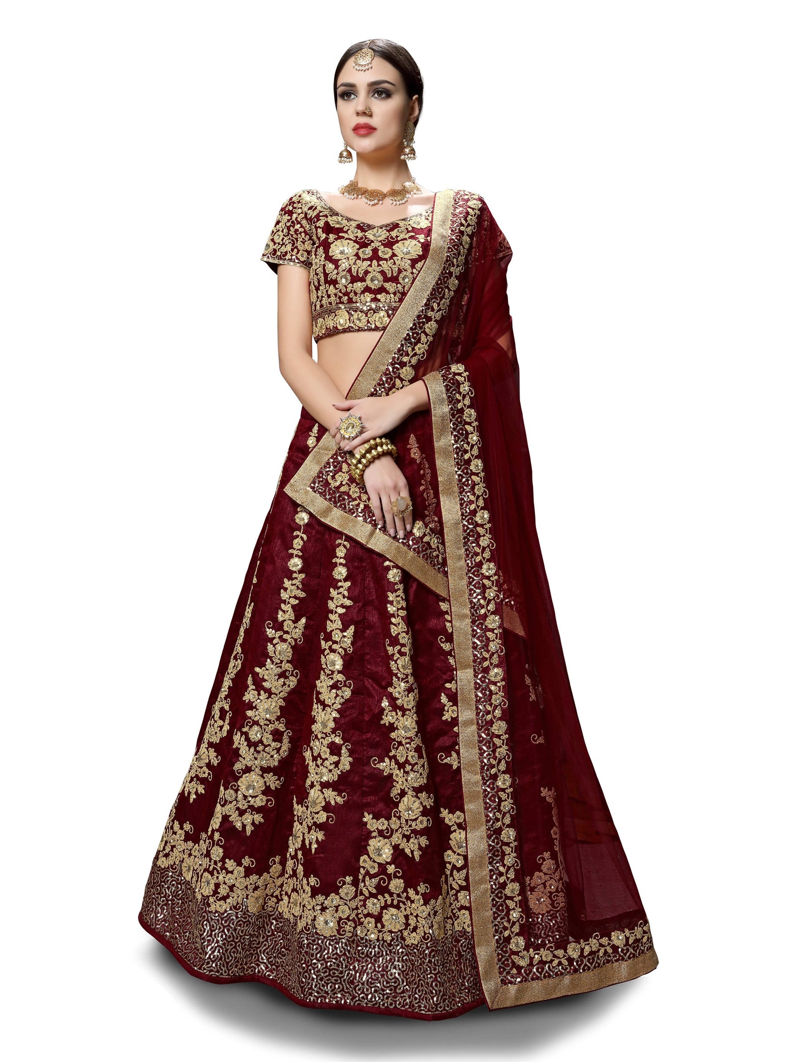 Maroon Raw Silk Embroidered Bridal Lehenga Choli