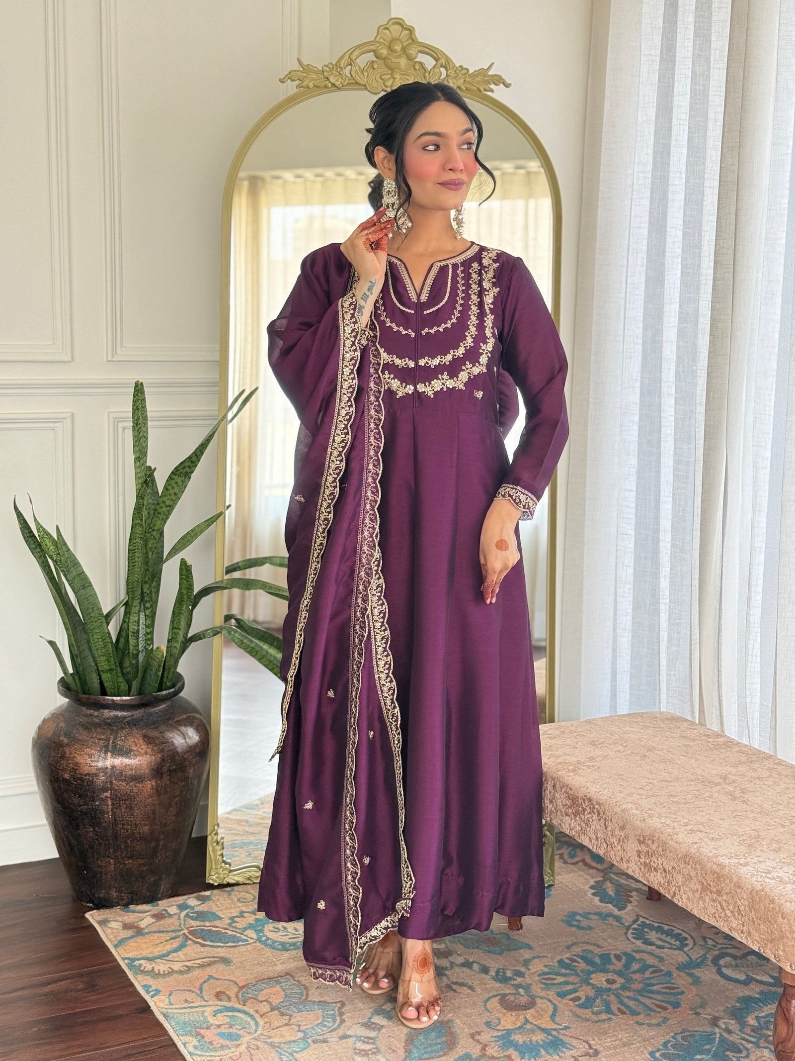 Embroidered Vichitra Silk Anarkali Suit Set