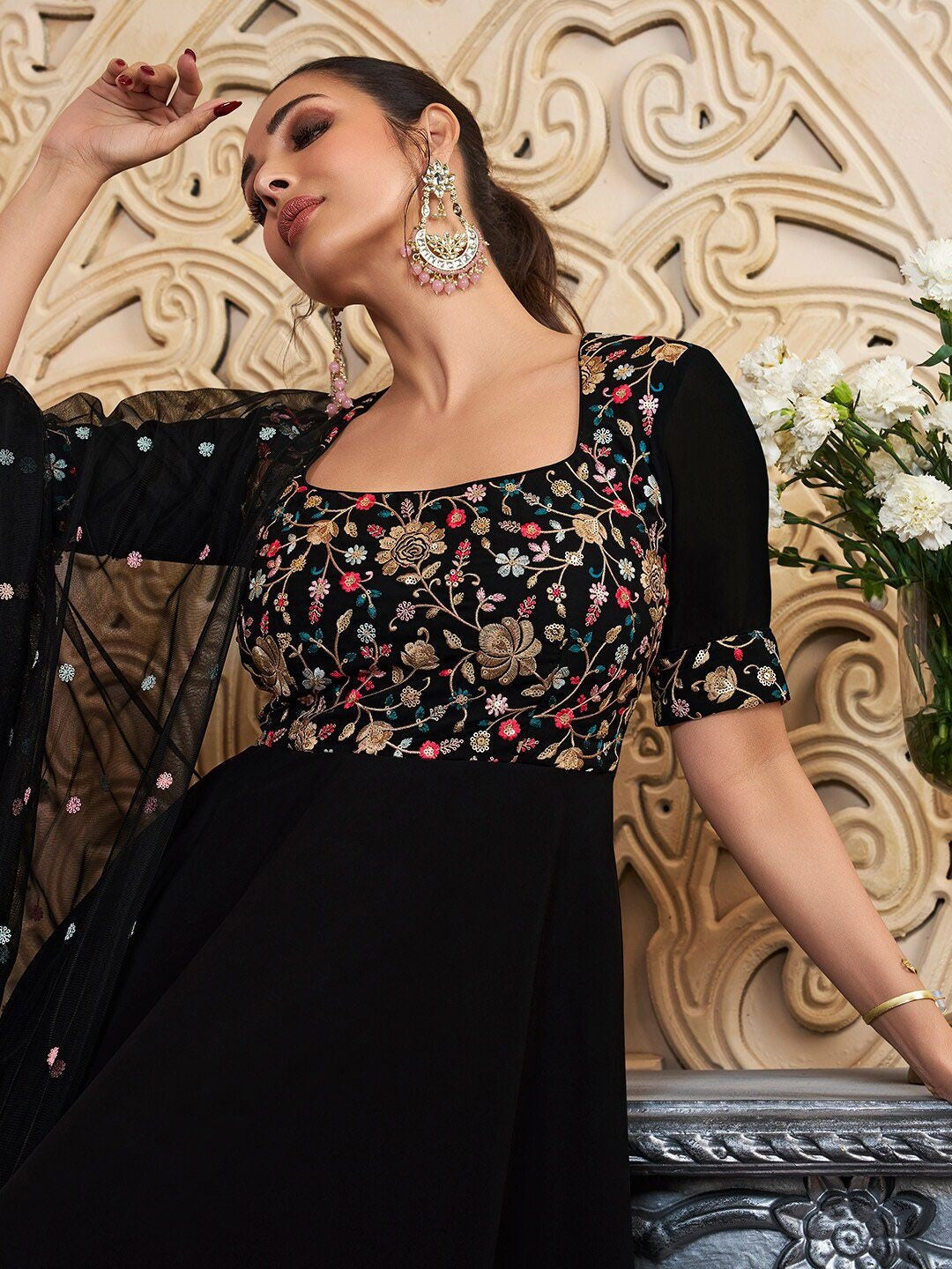 Black Embroidered Georgette Anarkali Kurta Set