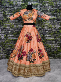 Peach Fine Art Silk Pearl Embroidered Lehenga Set