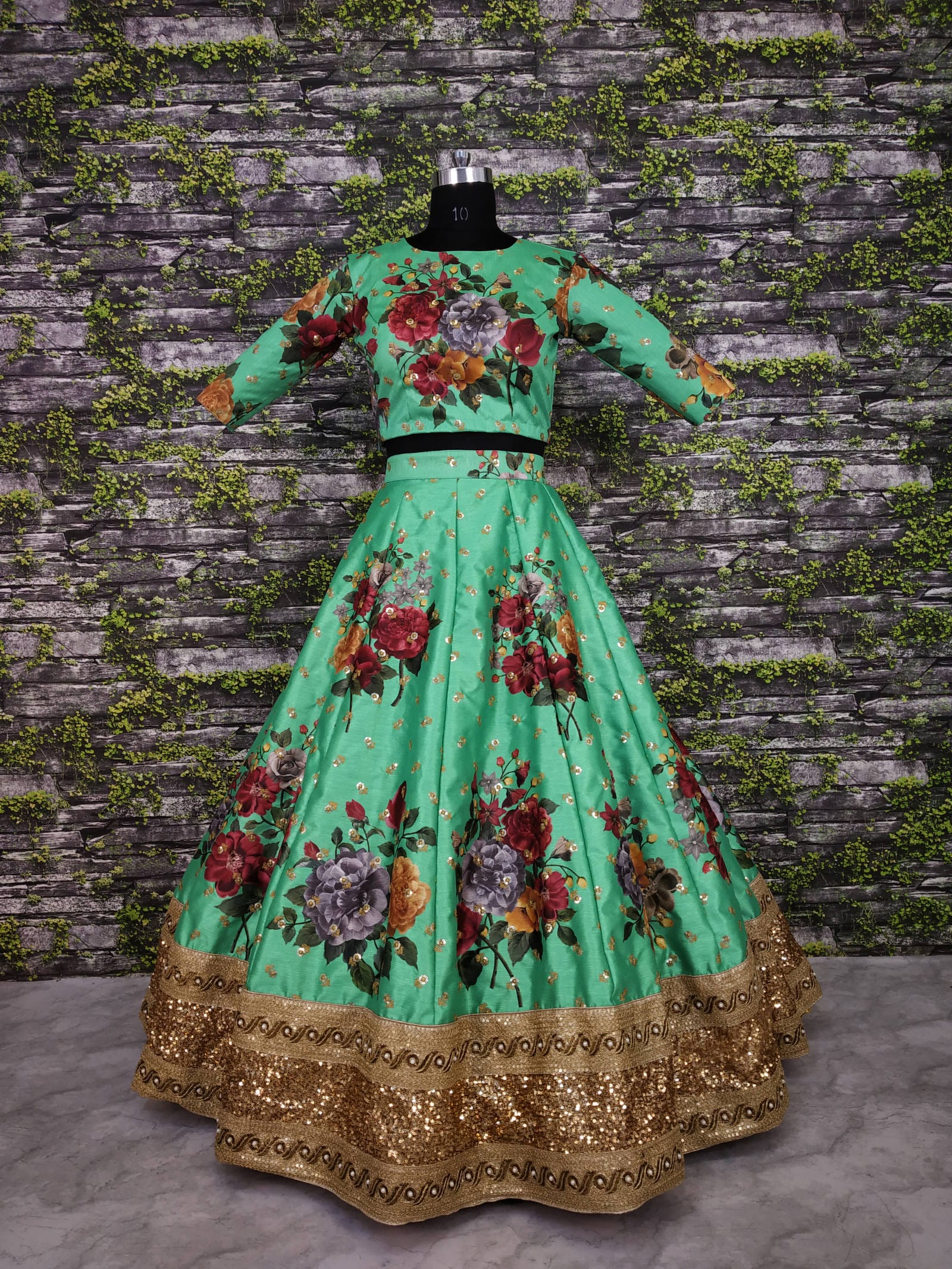 Green Fine Art Silk Pearl Embroidered Lehenga Set