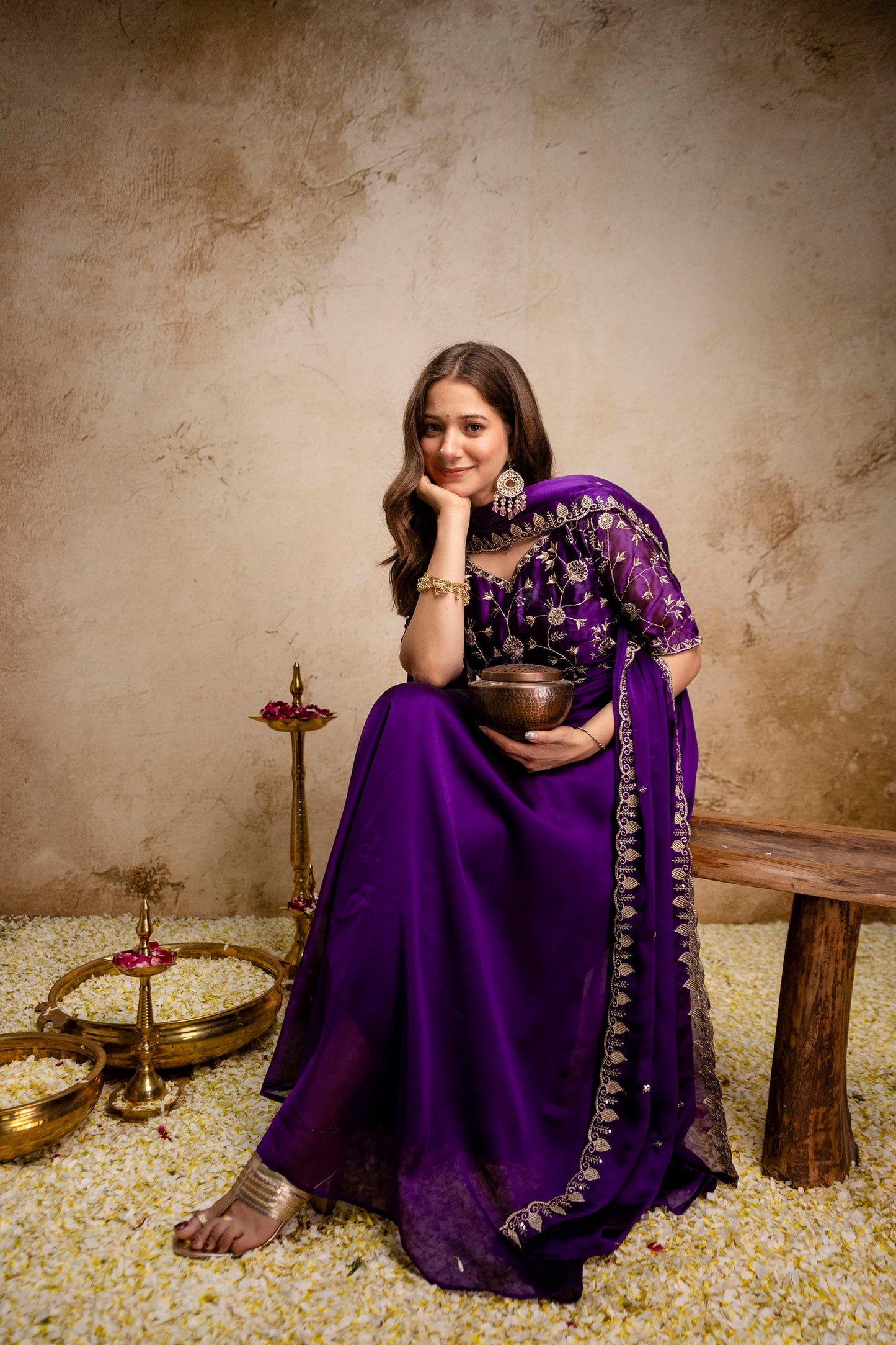 Purple Embroidered Chinon Anarkali Dress