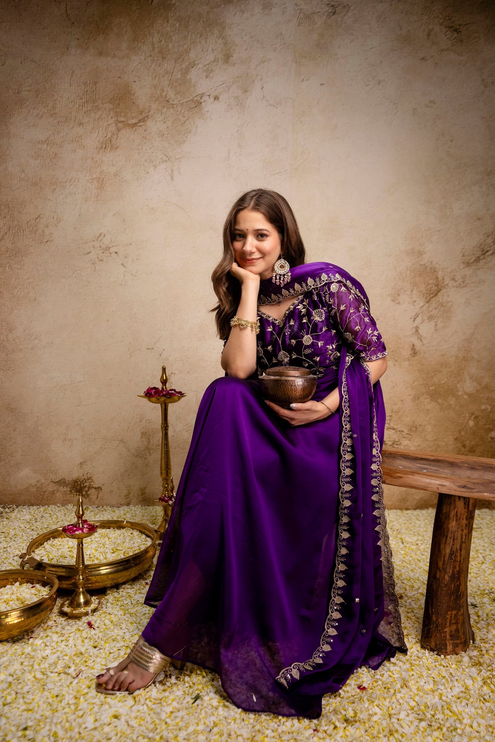 Purple Embroidered Chinon Anarkali Dress