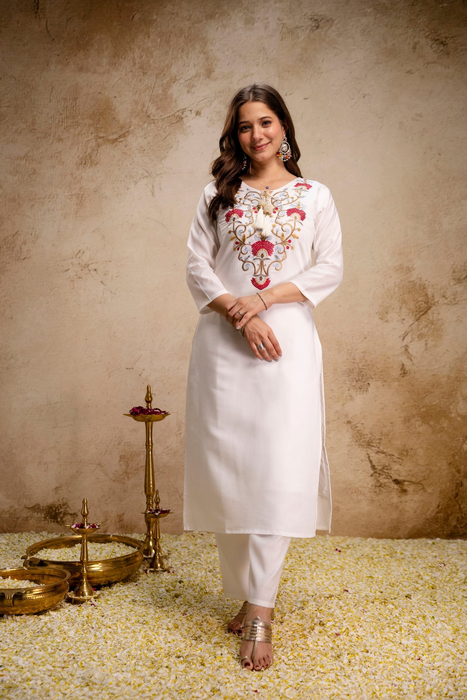 Off White Roman Embroidered Kurta Set