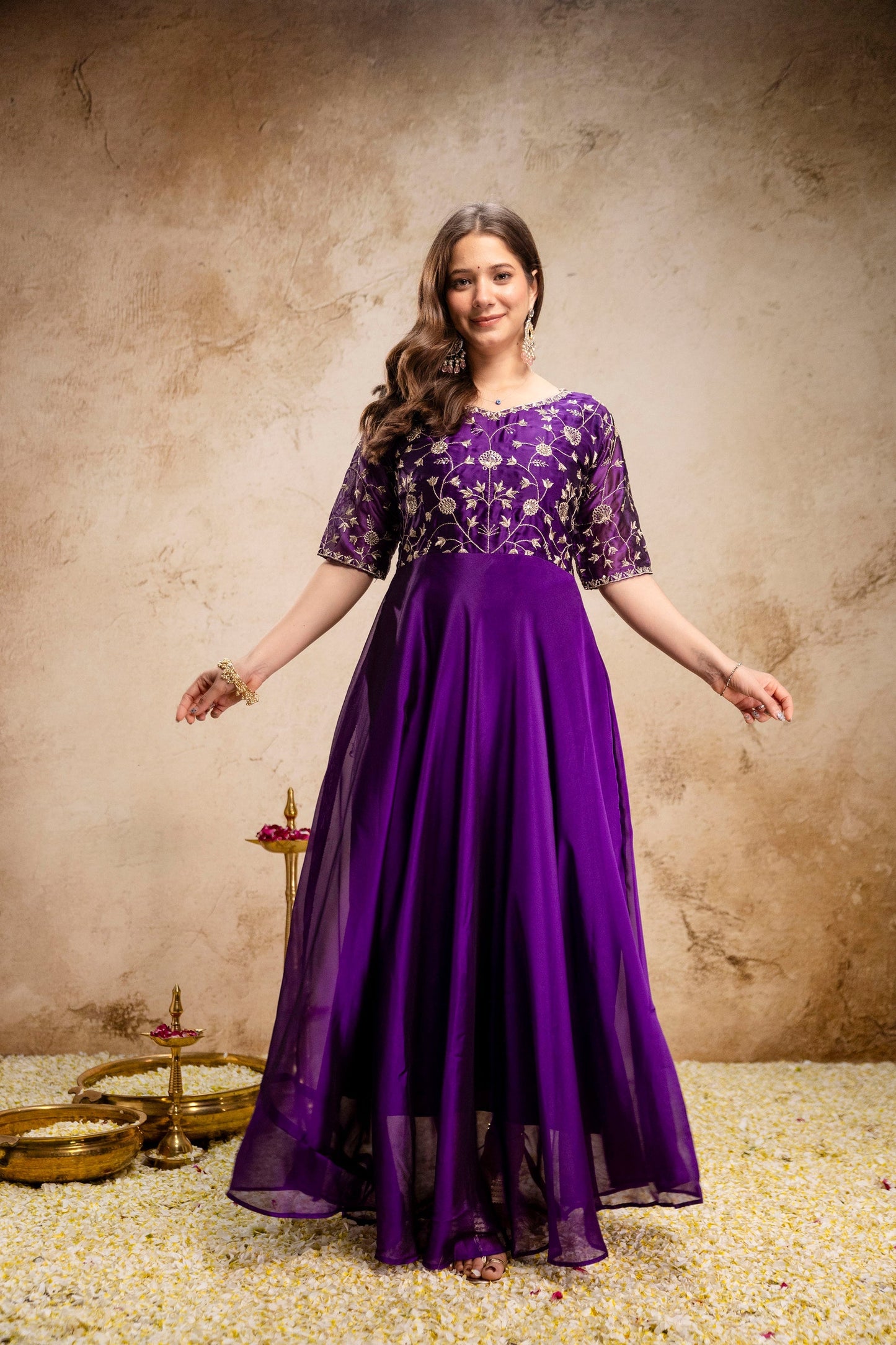 Purple Embroidered Chinon Anarkali Dress