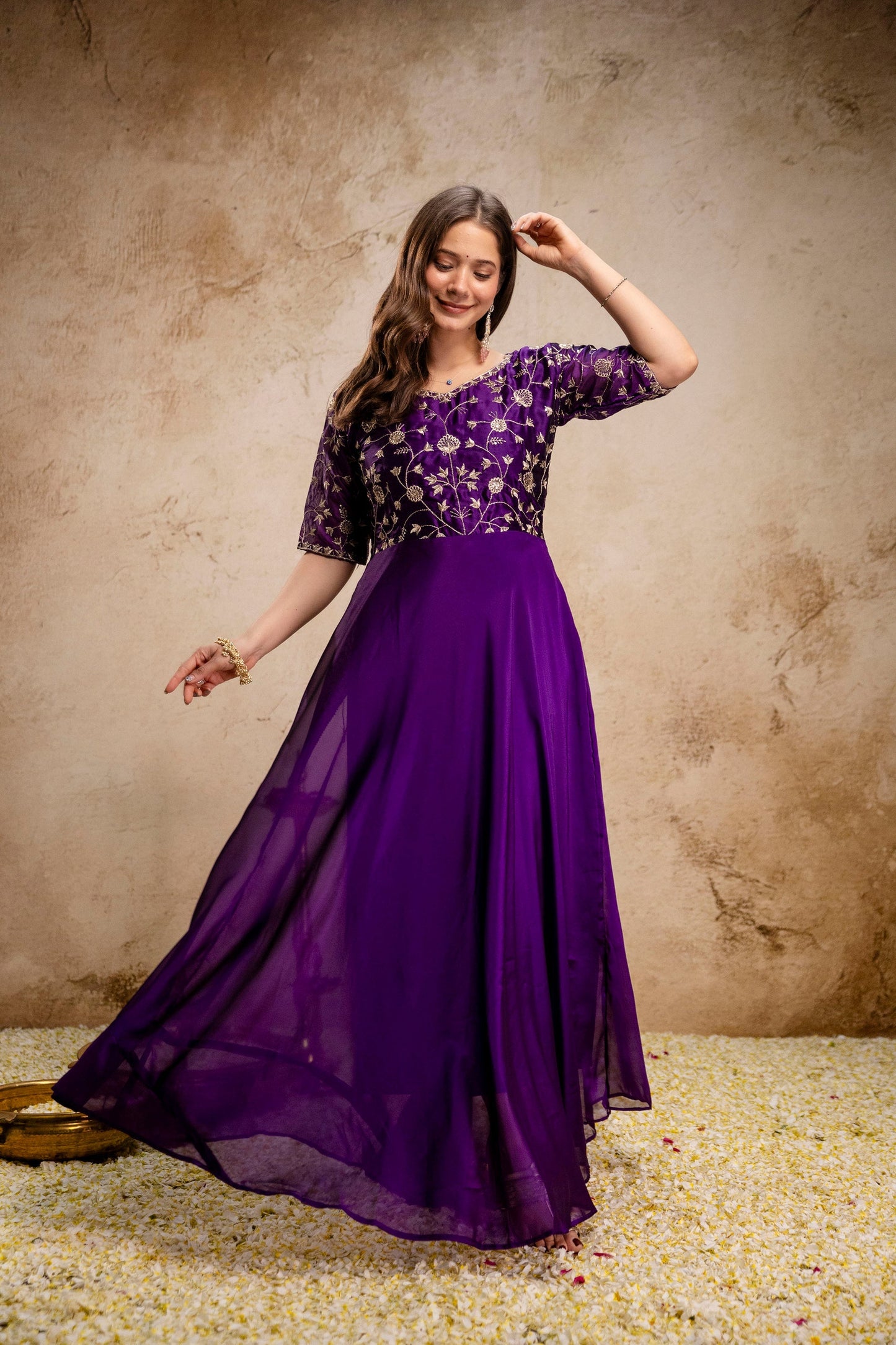 Purple Embroidered Chinon Anarkali Dress