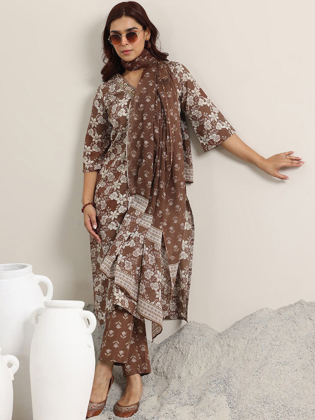 Brown Printed Magic Cotton Kurta Set
