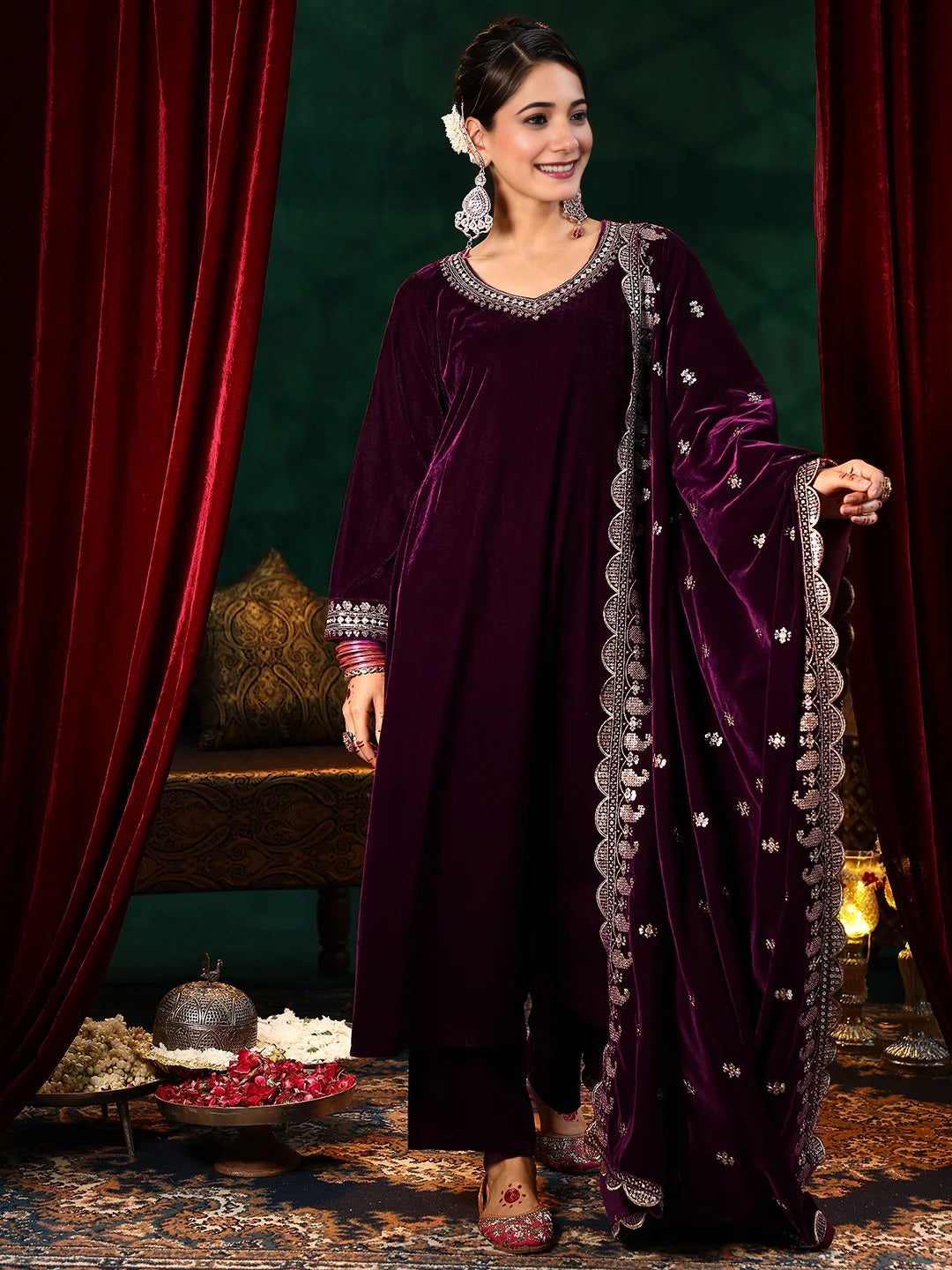 Maroon Embroidered Velvet A-Line Suit Set