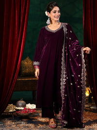 Maroon Embroidered Velvet A-Line Suit Set