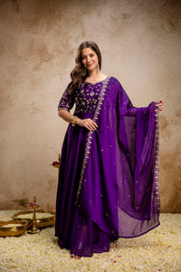 Purple Embroidered Chinon Anarkali Dress