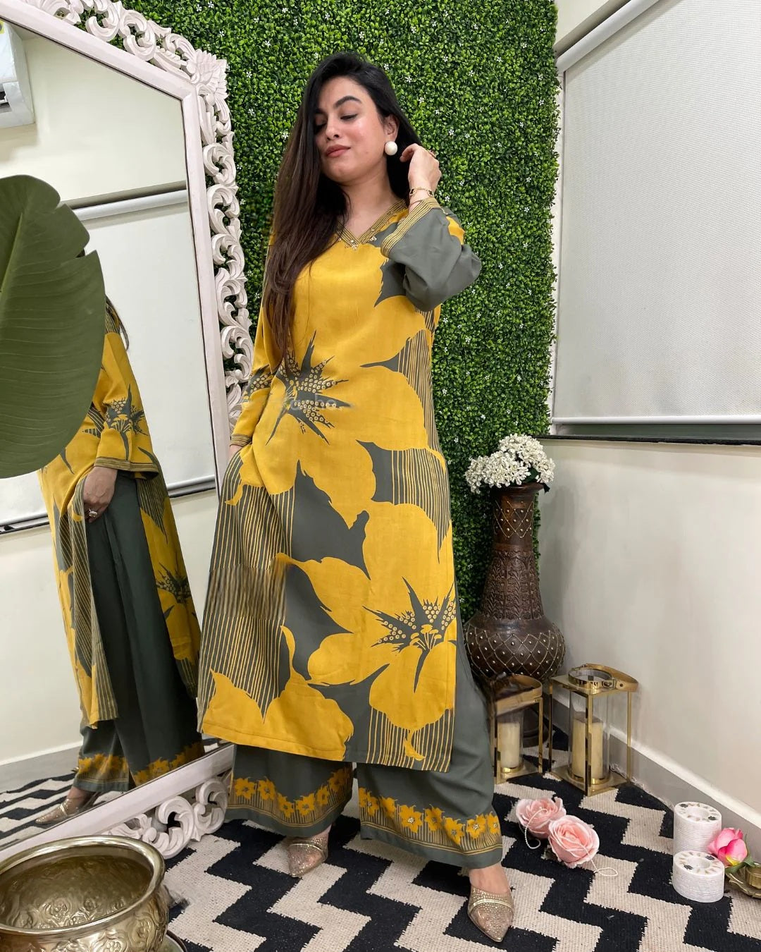 Mustard Bloom Embroidered Rayon Co-Ord Set
