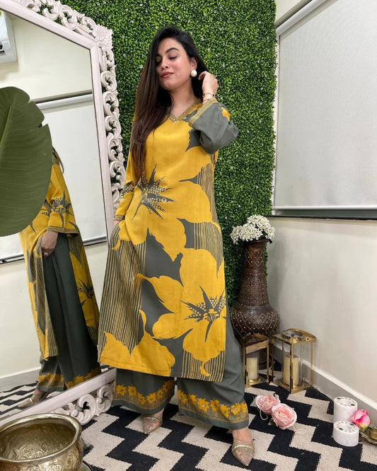 Mustard Bloom Embroidered Rayon Co-Ord Set