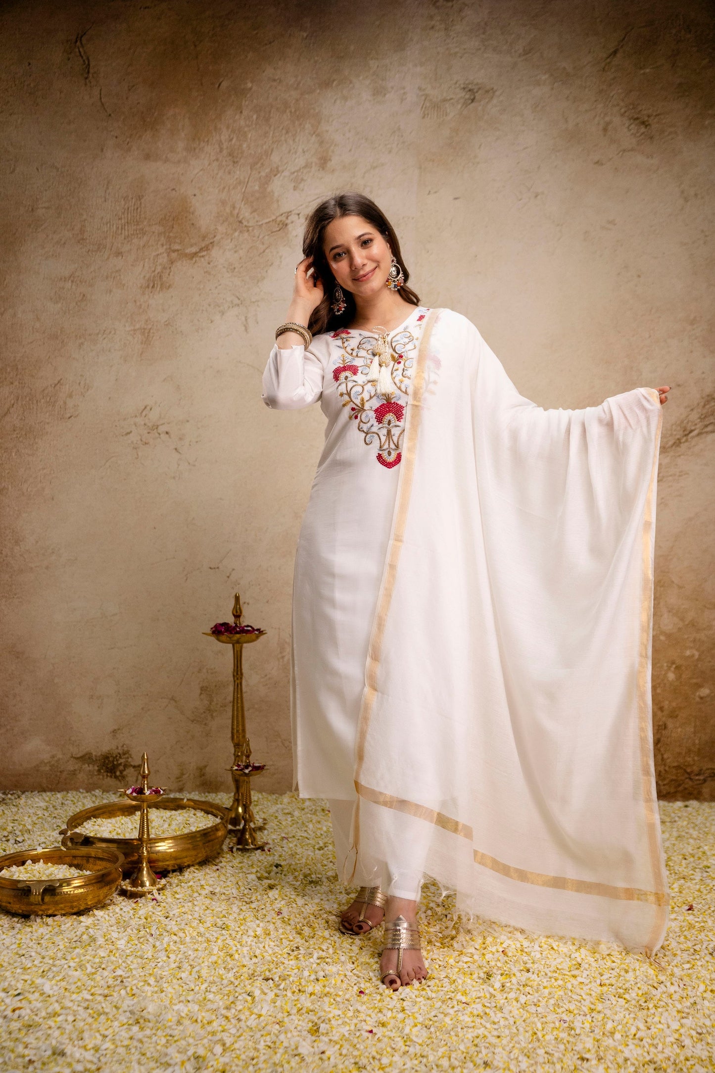 Off White Roman Embroidered Kurta Set