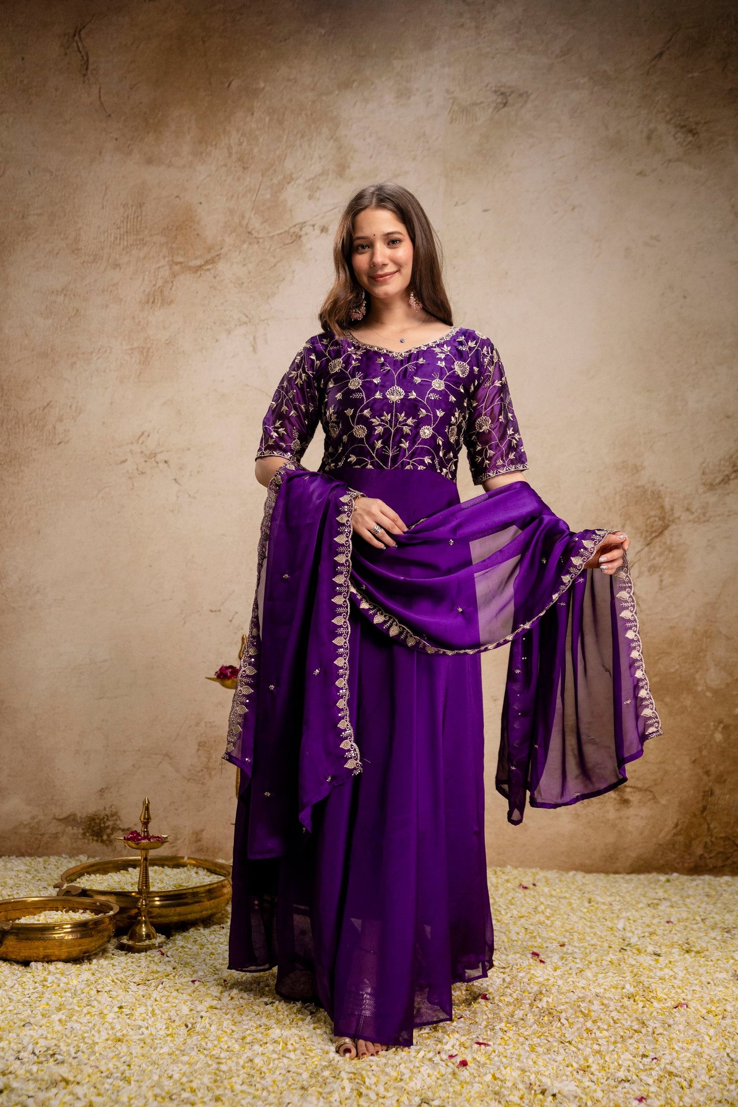 Purple Embroidered Chinon Anarkali Dress