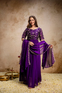 Purple Embroidered Chinon Anarkali Dress