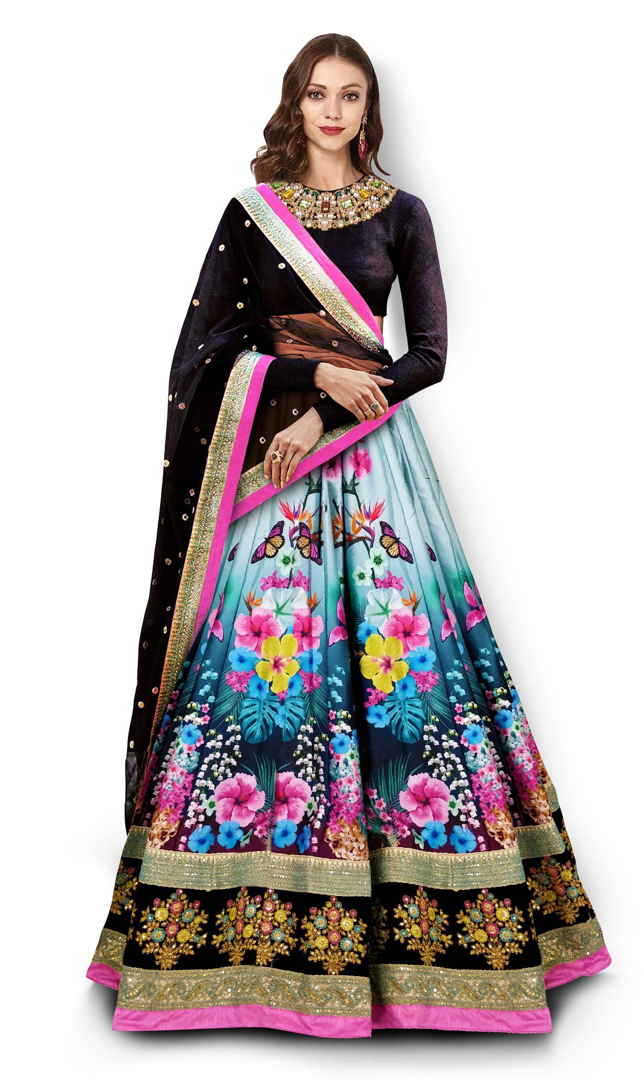 Black Floral Art Silk Lehenga Choli