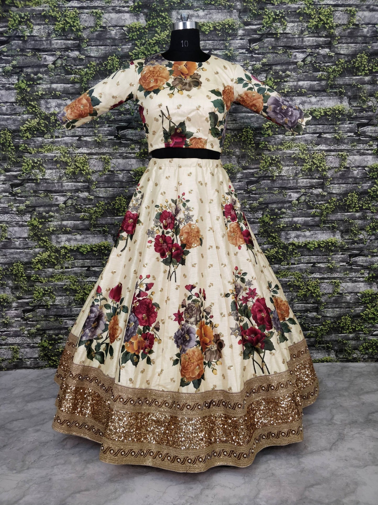 Cream Fine Art Silk Pearl Embroidered Lehenga Set