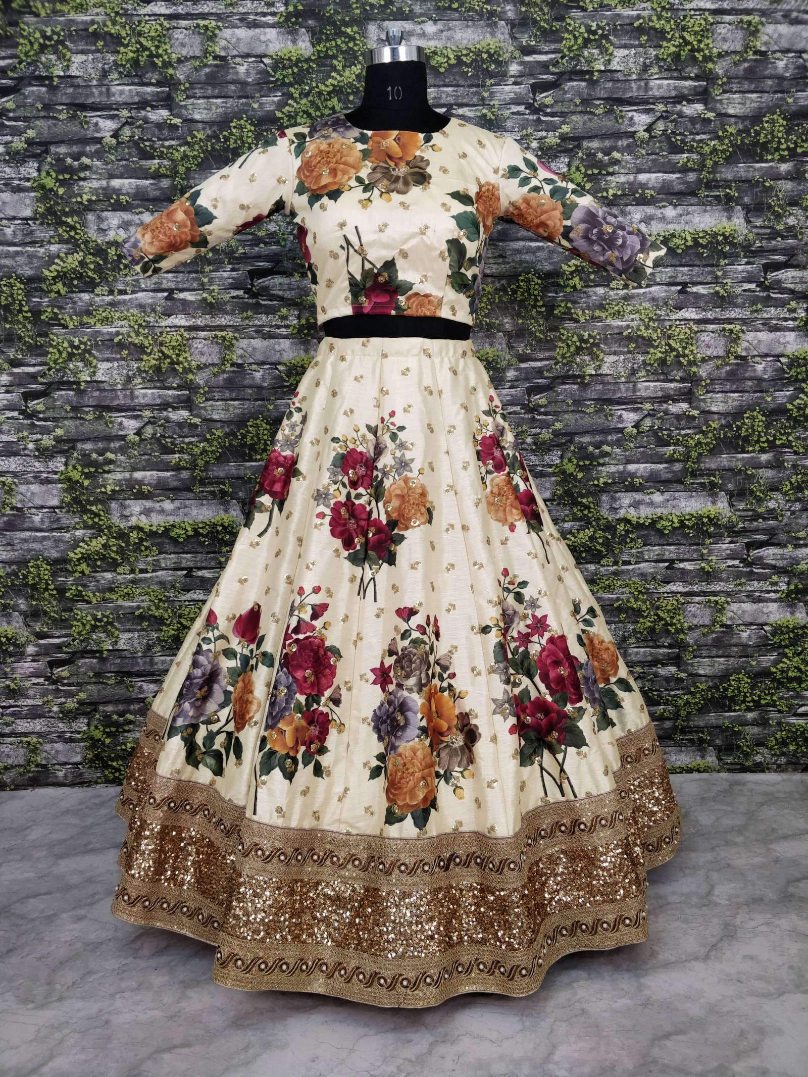 Cream Fine Art Silk Pearl Embroidered Lehenga Set