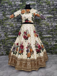 Cream Fine Art Silk Pearl Embroidered Lehenga Set