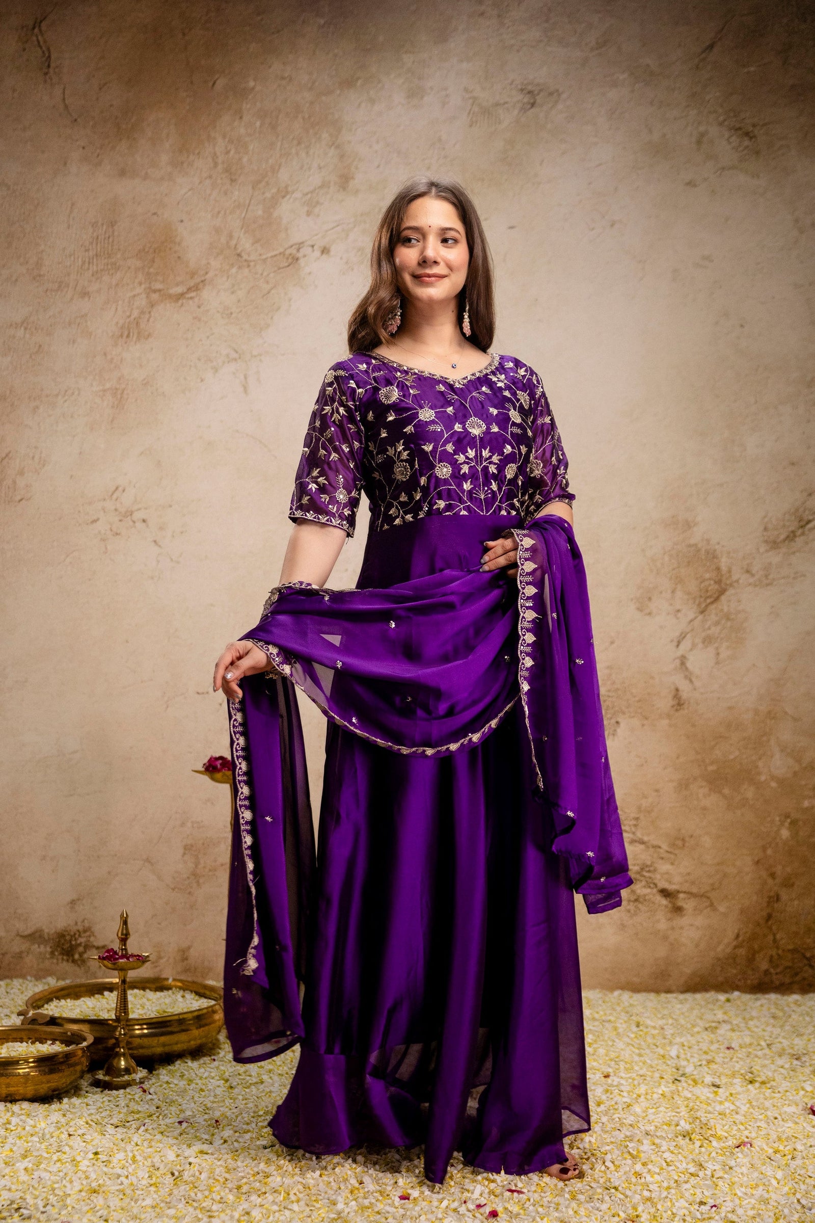 Purple Embroidered Chinon Anarkali Dress