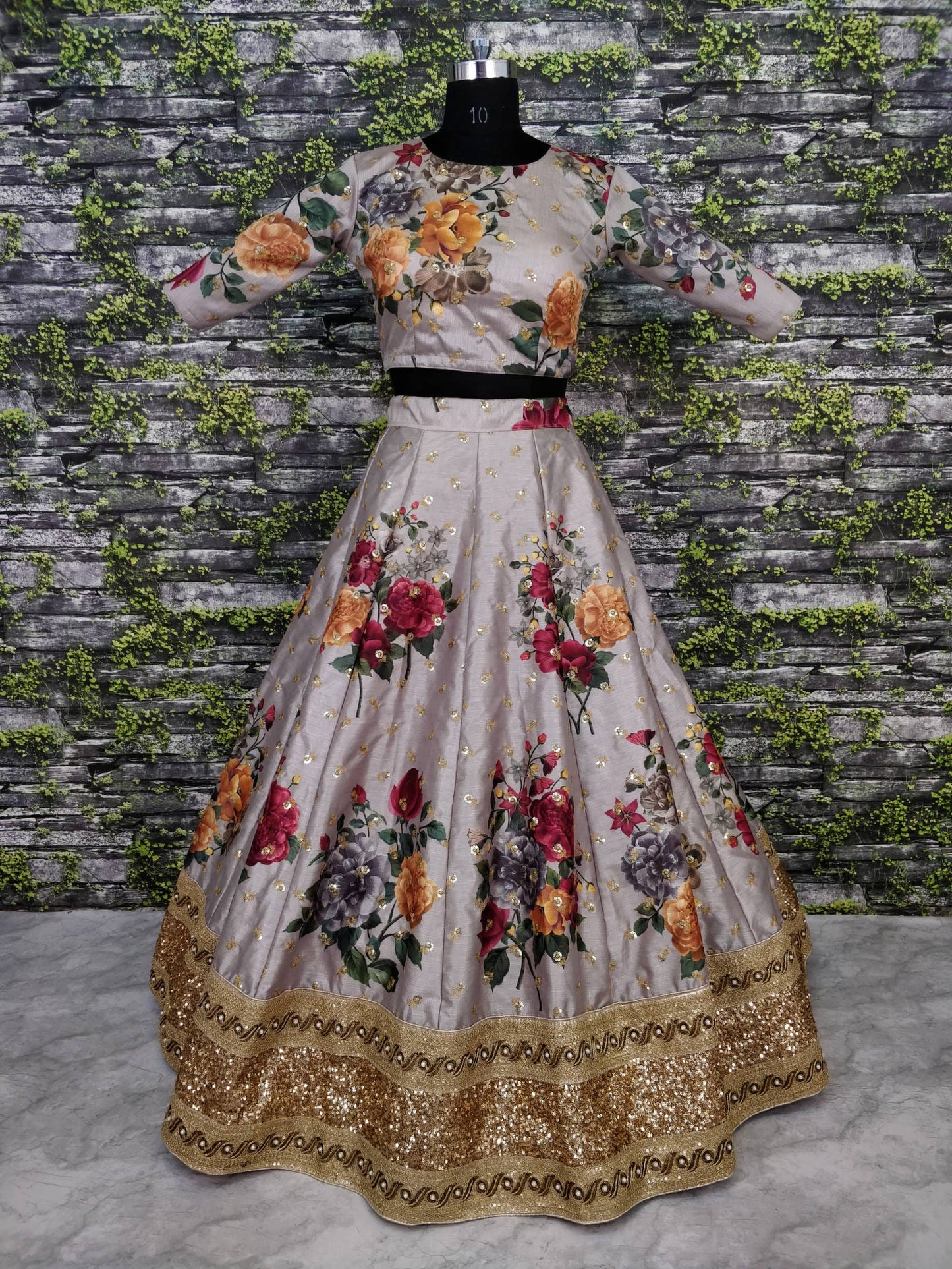 Grey Fine Art Silk Pearl Embroidered Lehenga Set