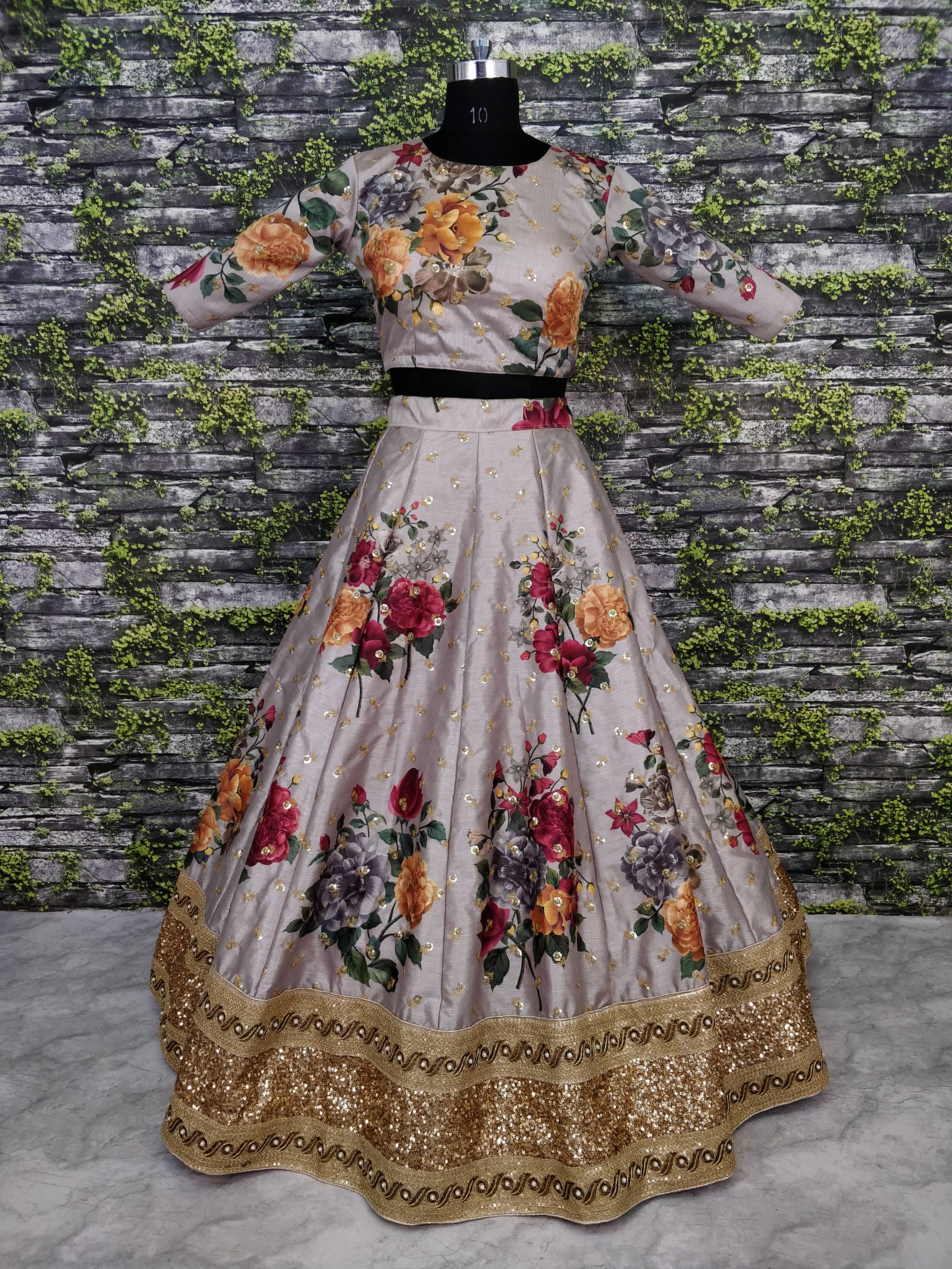 Grey Fine Art Silk Pearl Embroidered Lehenga Set