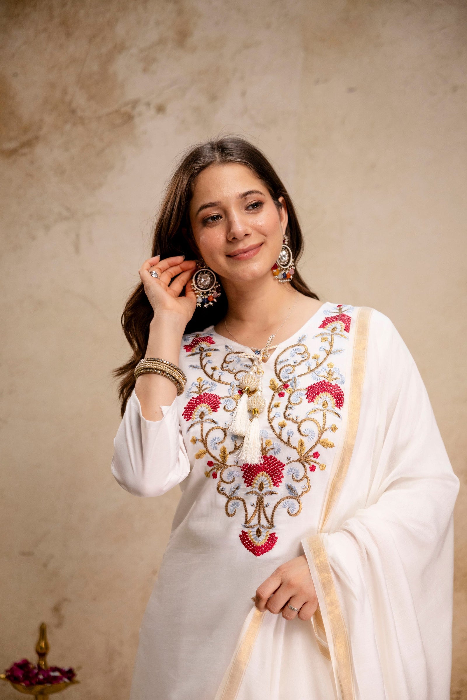 Off White Roman Embroidered Kurta Set