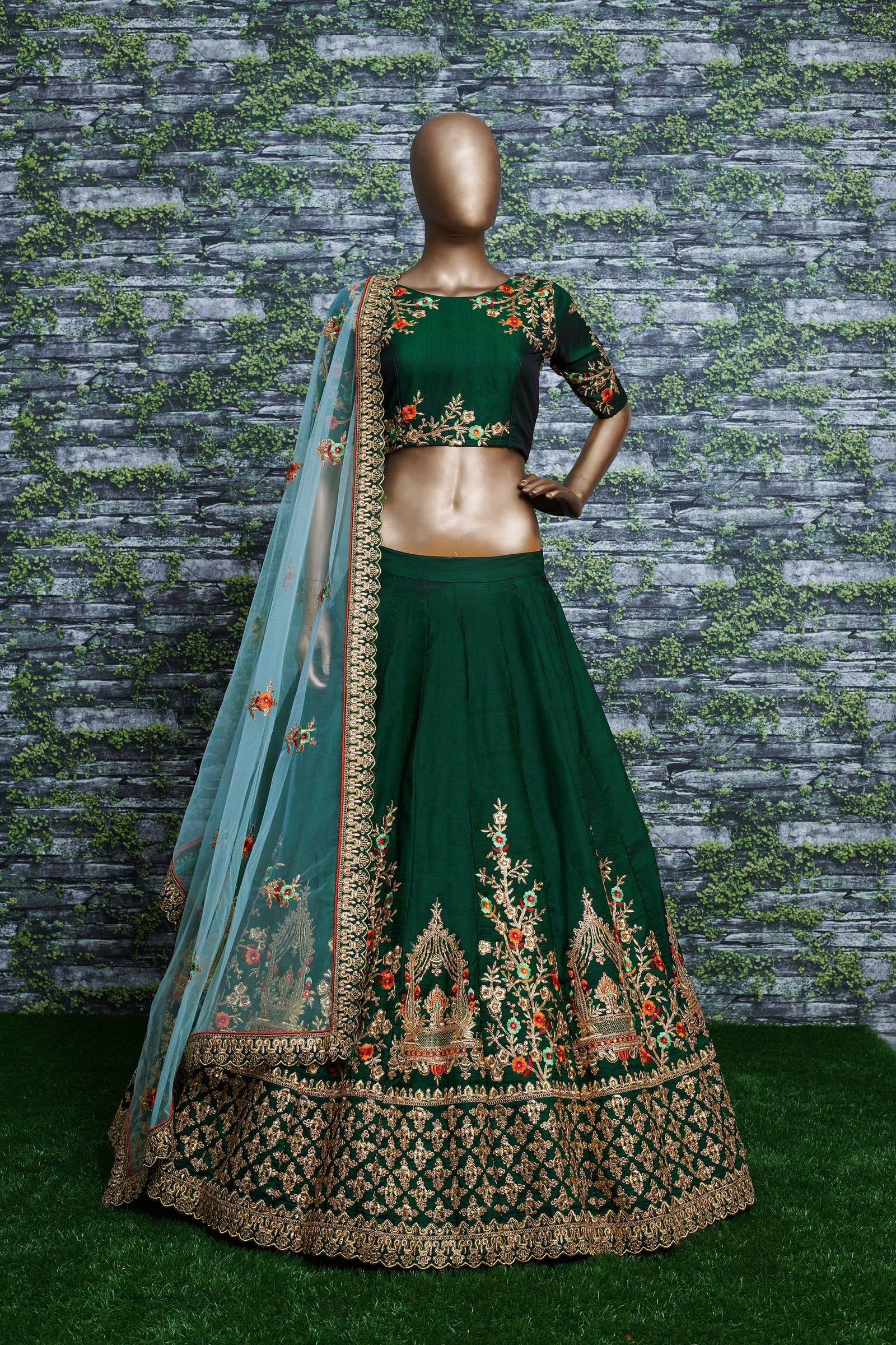 Emerald Grace Embroidered Taffeta Satin Silk Lehenga Set