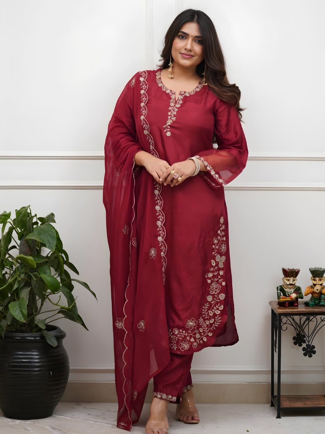Maroon Viscose Chanderi Embroidered Kurta Set