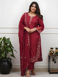 Maroon Viscose Chanderi Embroidered Kurta Set
