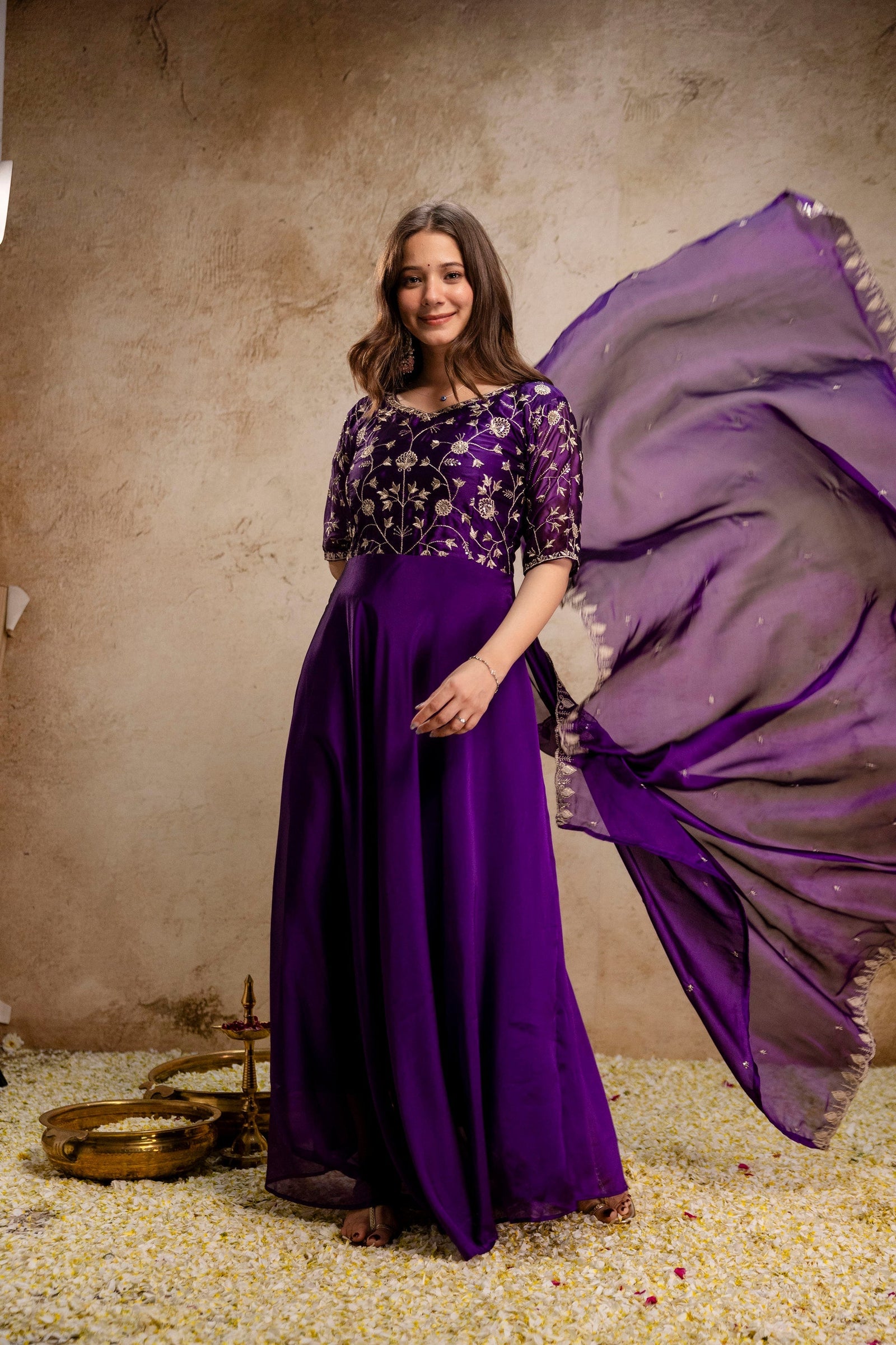 Purple Embroidered Chinon Anarkali Dress