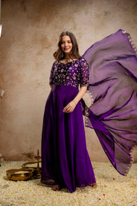 Purple Embroidered Chinon Anarkali Dress