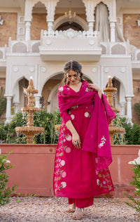 Rani Pink Floral Printed Chanderi Kurta Set
