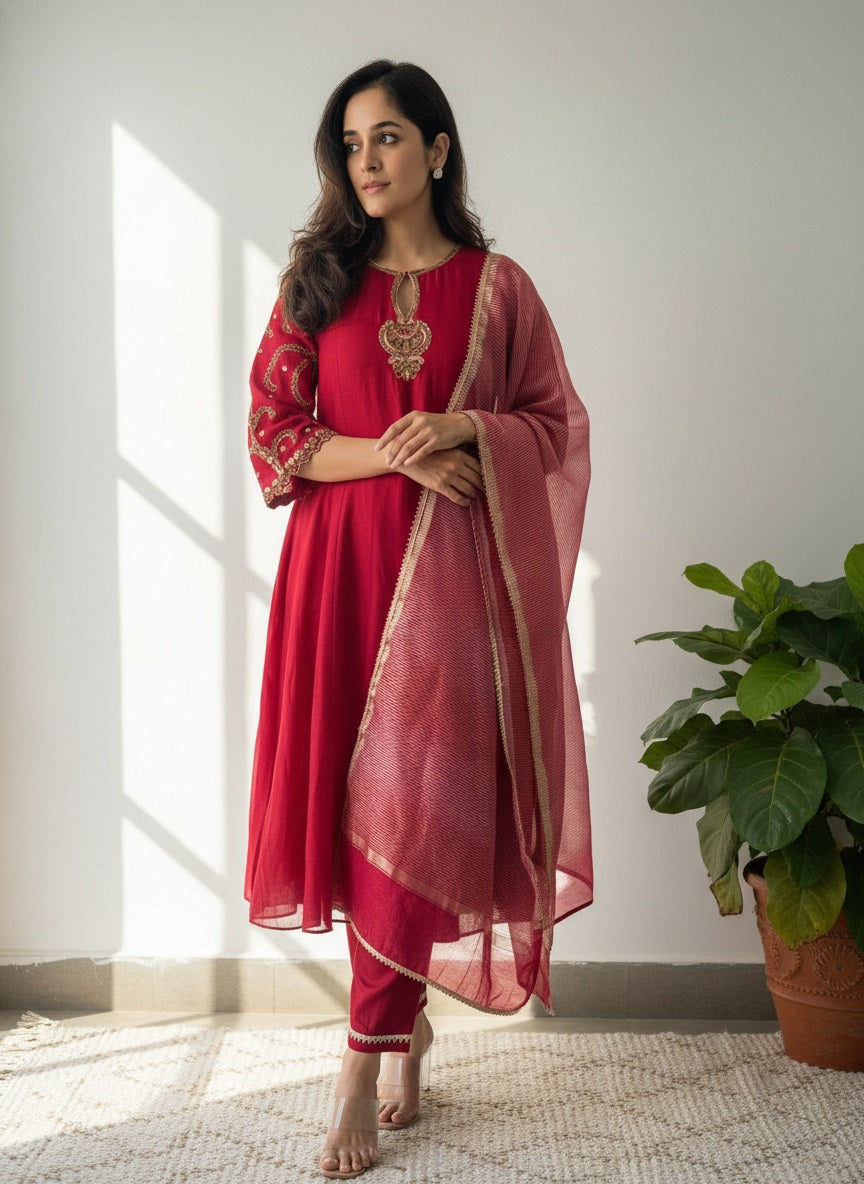 Red Viscose Chanderi Embroidered Kurta Set