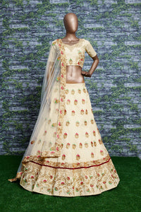 Ivory Bloom Embroidered Slub Silk Lehenga Set