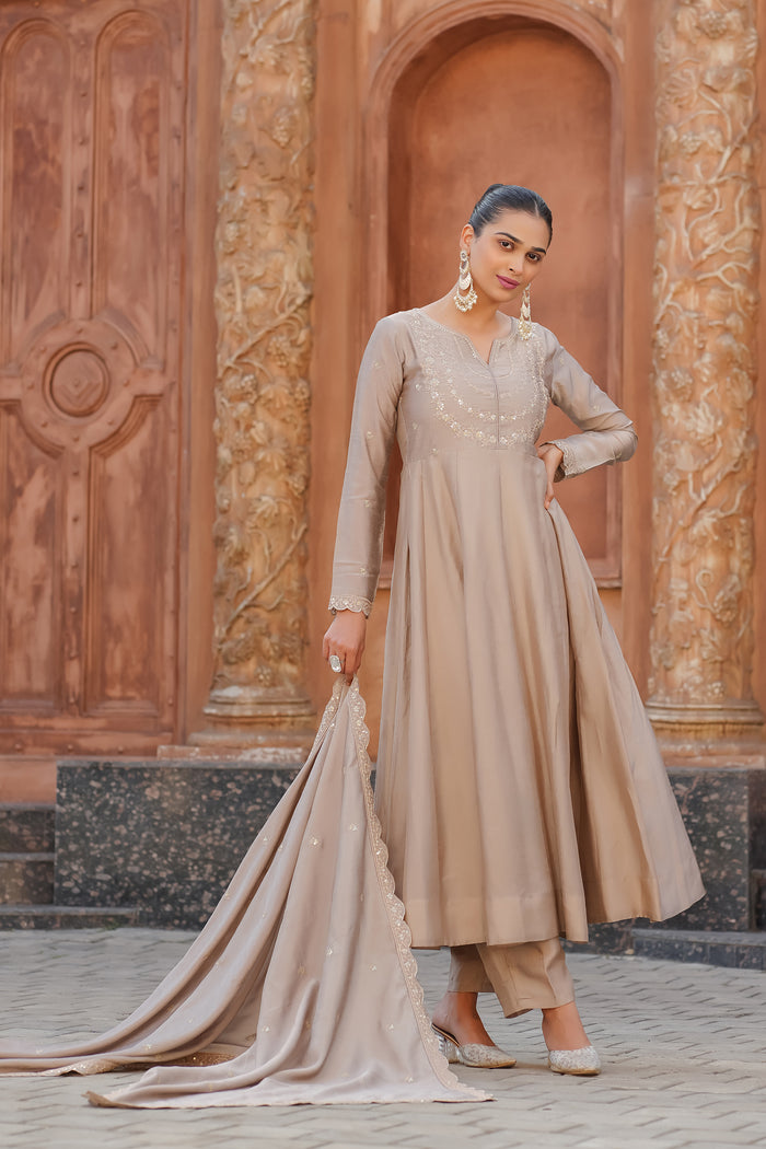 Beige Embroidered Vichitra Silk Sharara Suit Set