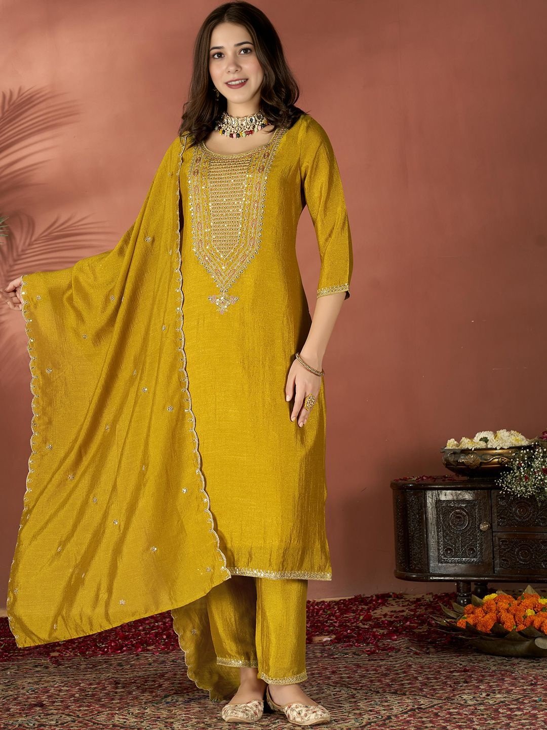 Mustard Embroidered Vichitra Suit Set