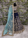 Navy Blue Raw Silk Embroidered Bridal Lehenga Choli