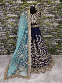 Navy Blue Raw Silk Embroidered Bridal Lehenga Choli