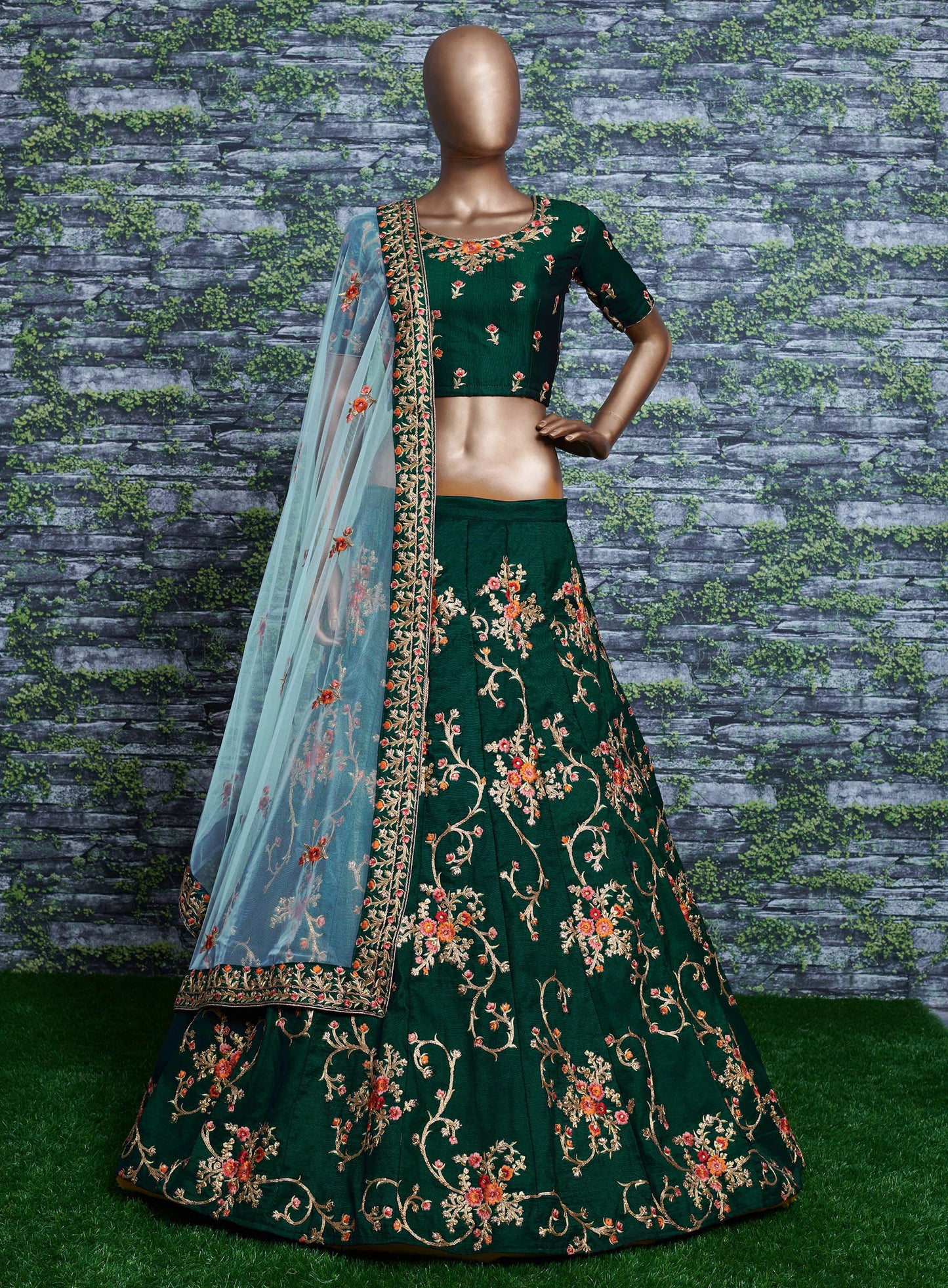 Emerald Blossom Taffeta Silk Lehenga Choli Set