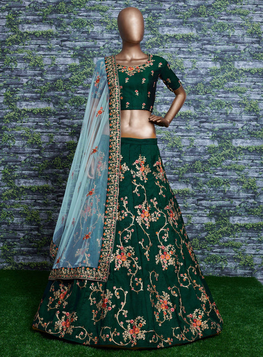 Emerald Blossom Taffeta Silk Lehenga Choli Set