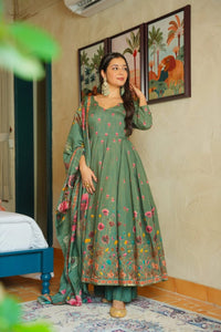 Dark Green Floral Printed Muslin Suit Set