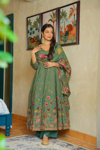 Dark Green Floral Printed Muslin Suit Set
