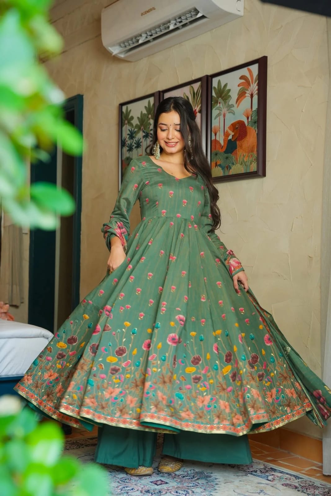 Dark Green Floral Printed Muslin Suit Set