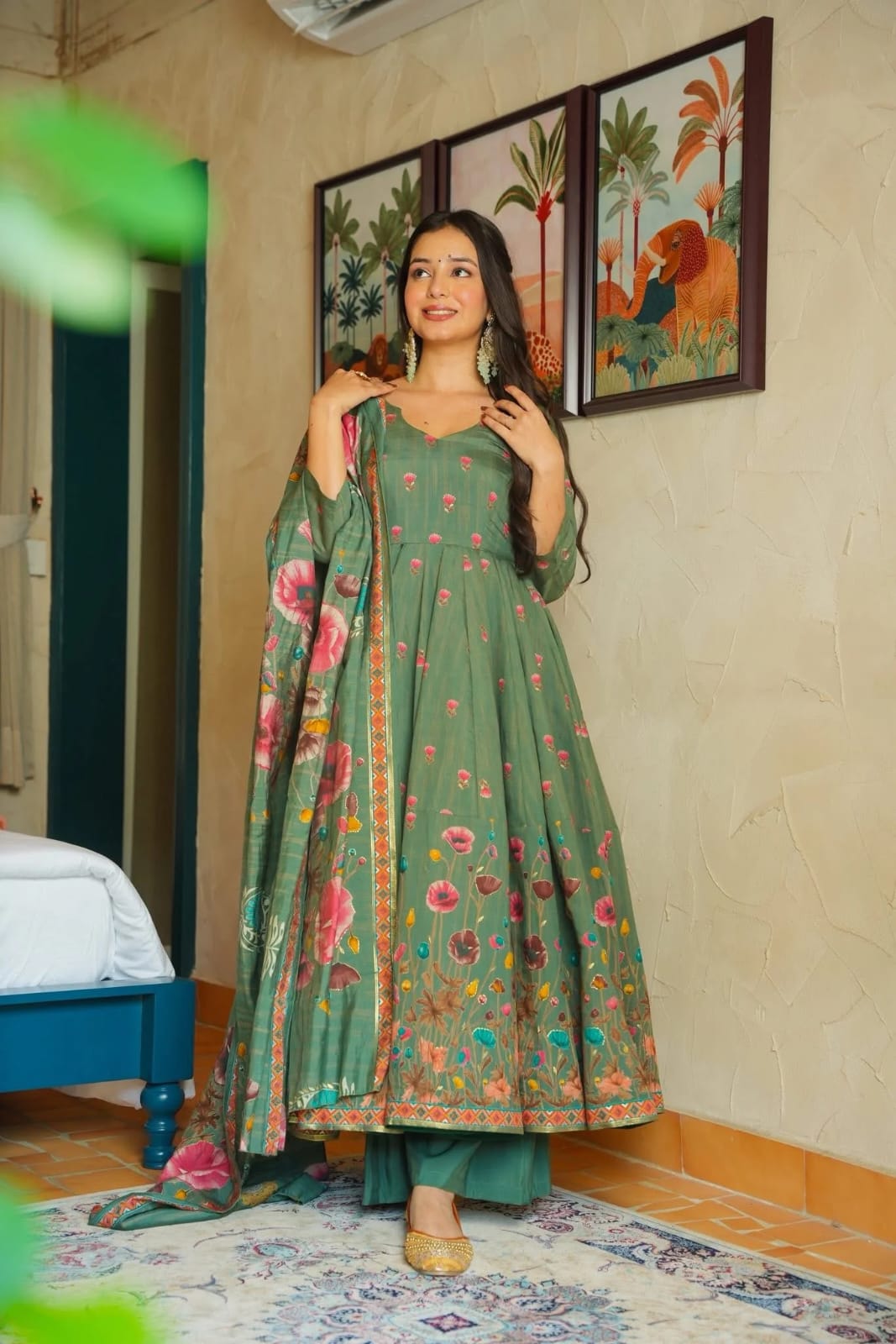 Dark Green Floral Printed Muslin Suit Set