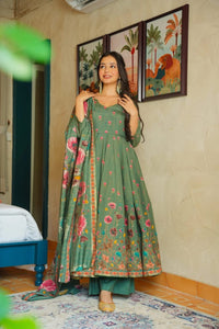 Dark Green Floral Printed Muslin Suit Set