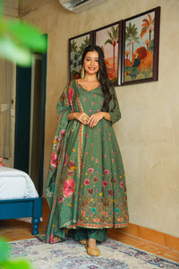 Dark Green Floral Printed Muslin Suit Set