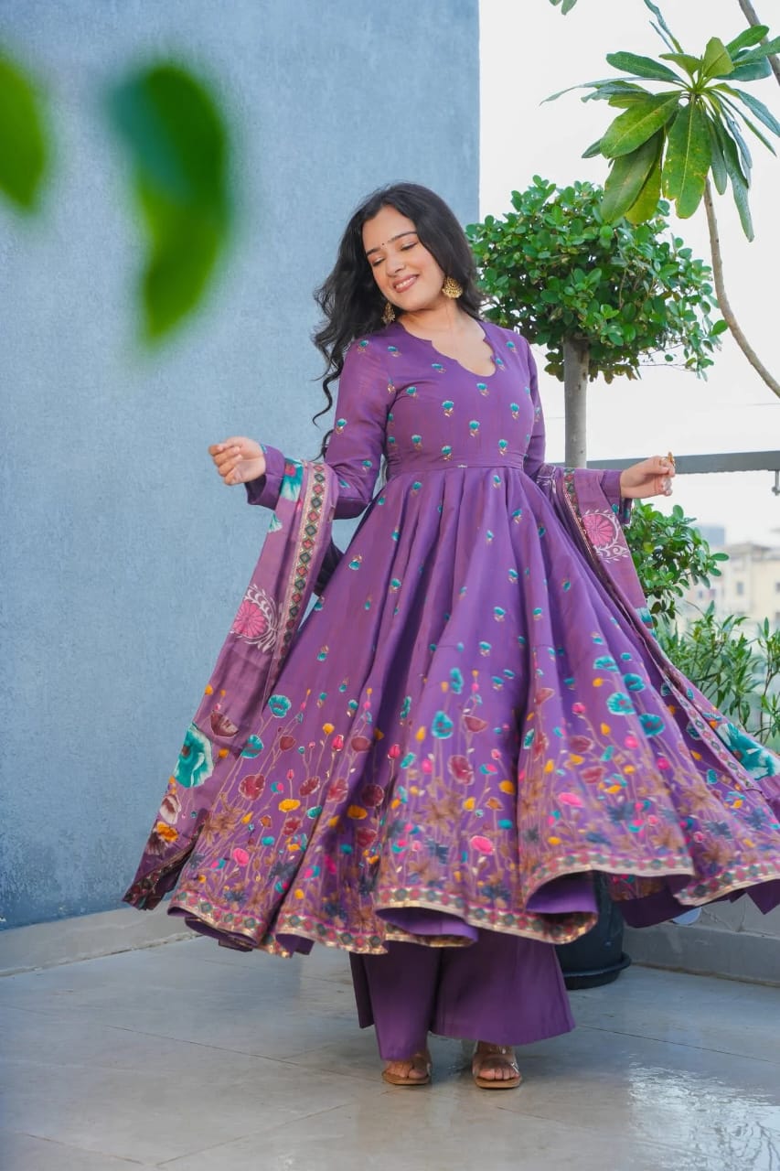 Purple Floral Printed Muslin Suit Set