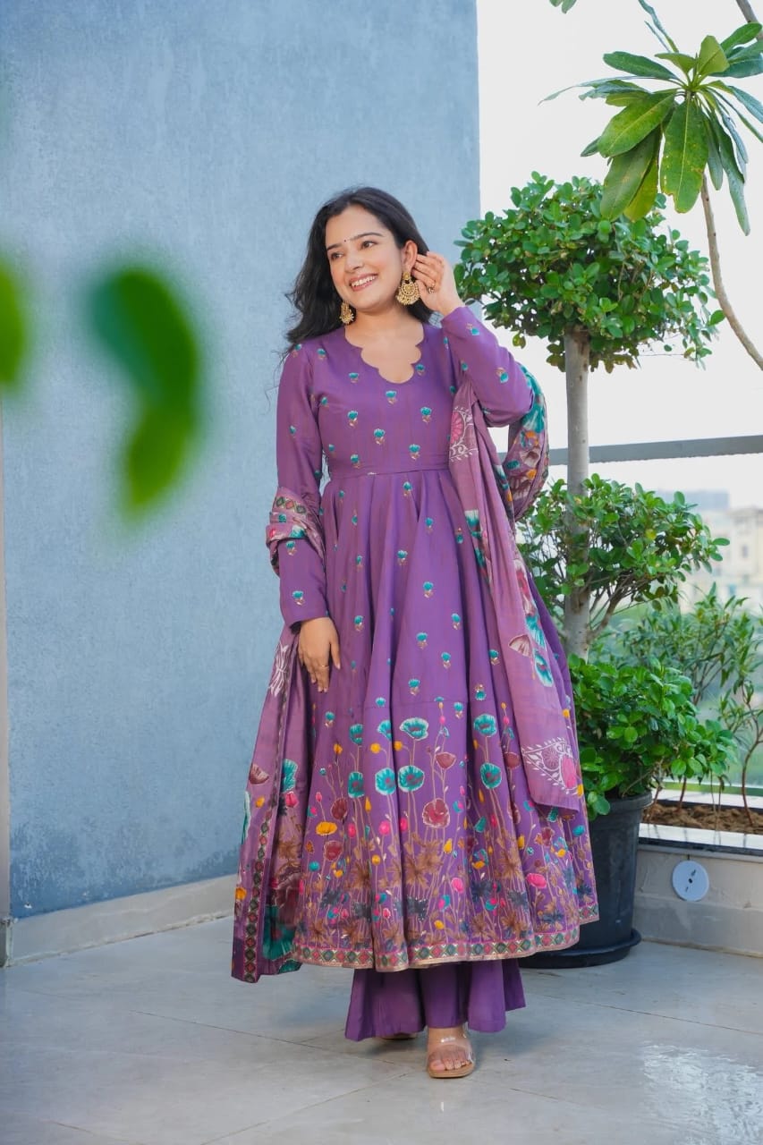 Purple Floral Printed Muslin Suit Set